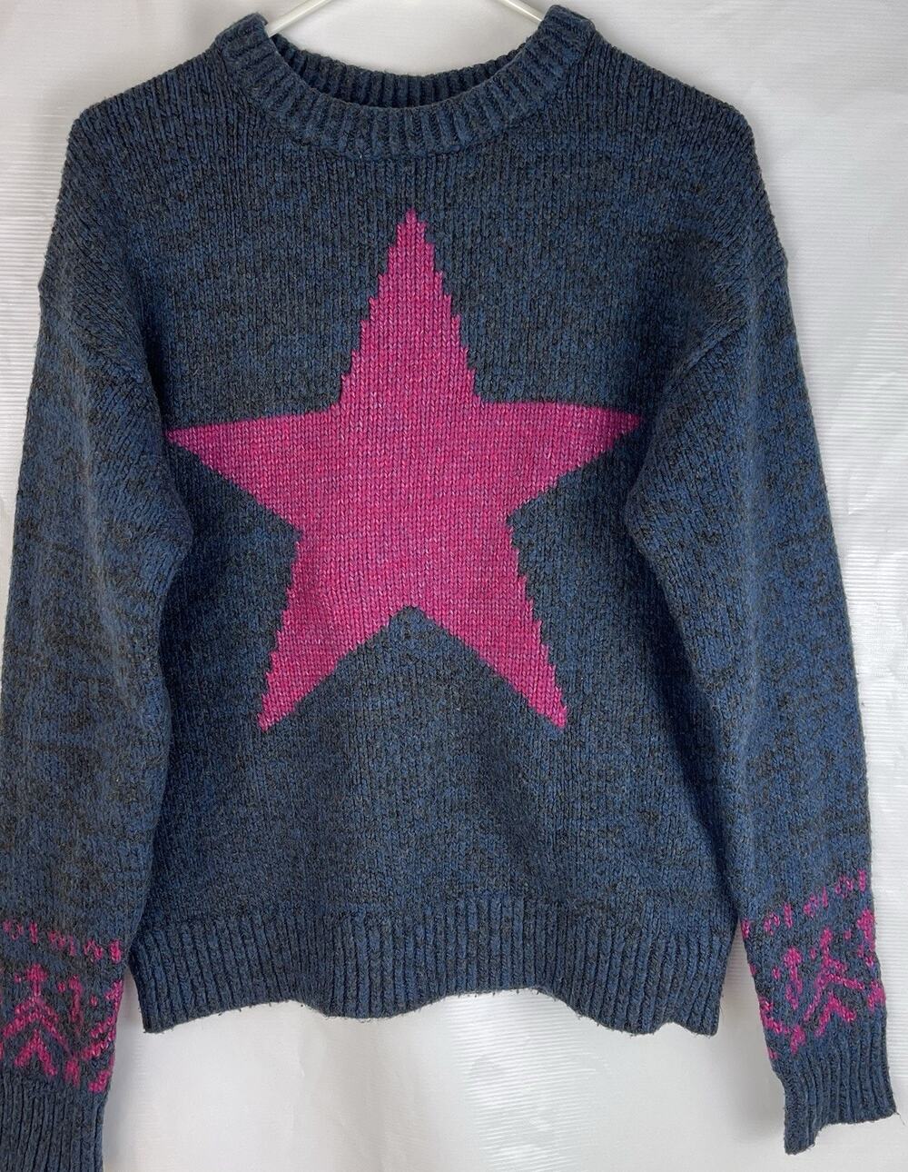 Sundance Women's Blue Pink Star Pullover Knit Crewneck Sweater Size S Y2K